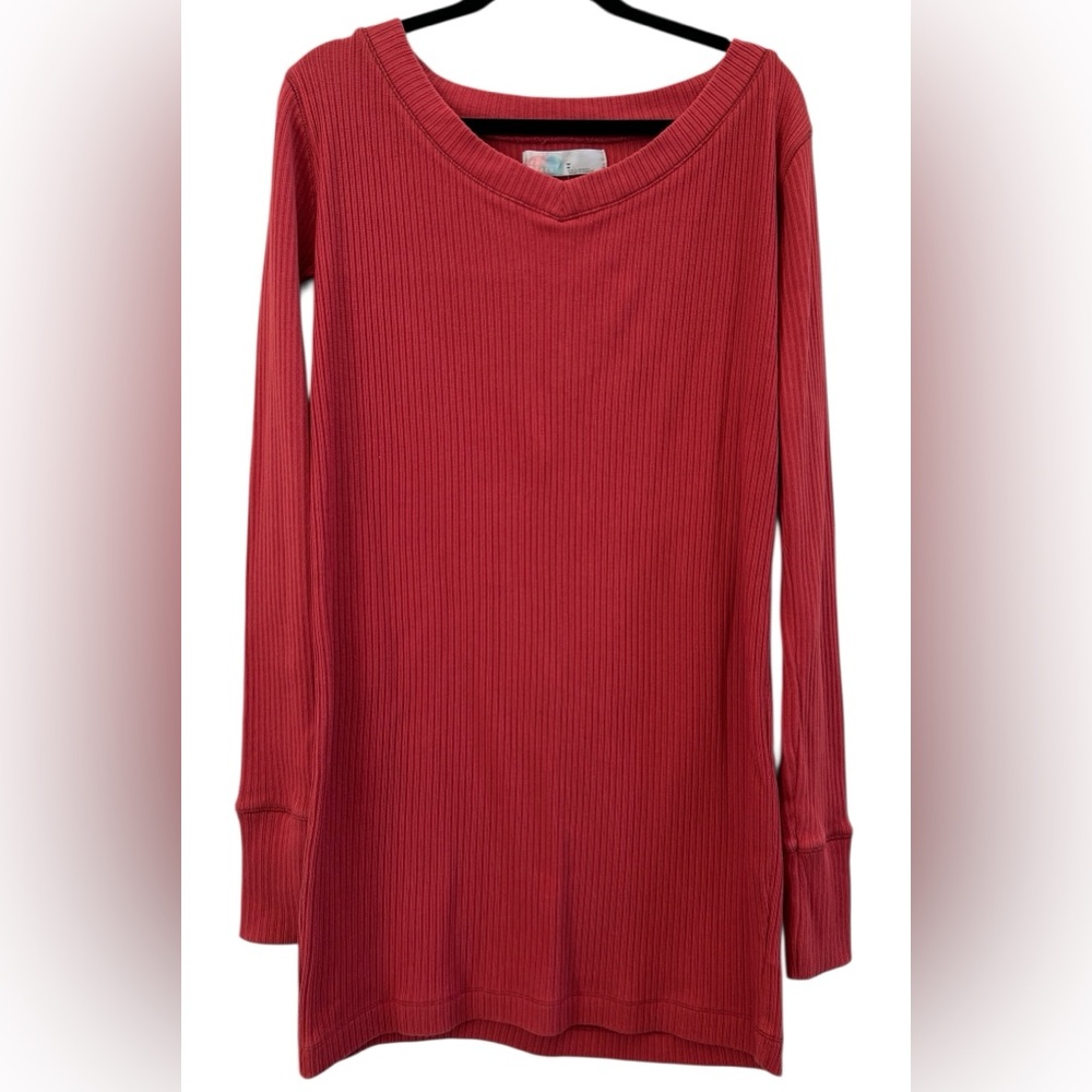 FP Beach Ribbed Knit Tunic Sweater Coral Pink V-Neck Long Sleeve Coastal Grandma